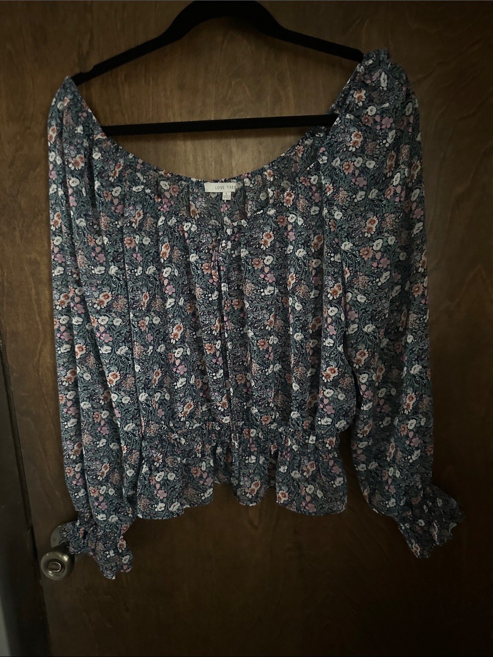 Love Tree Navy Blue Floral Peasant Blouse